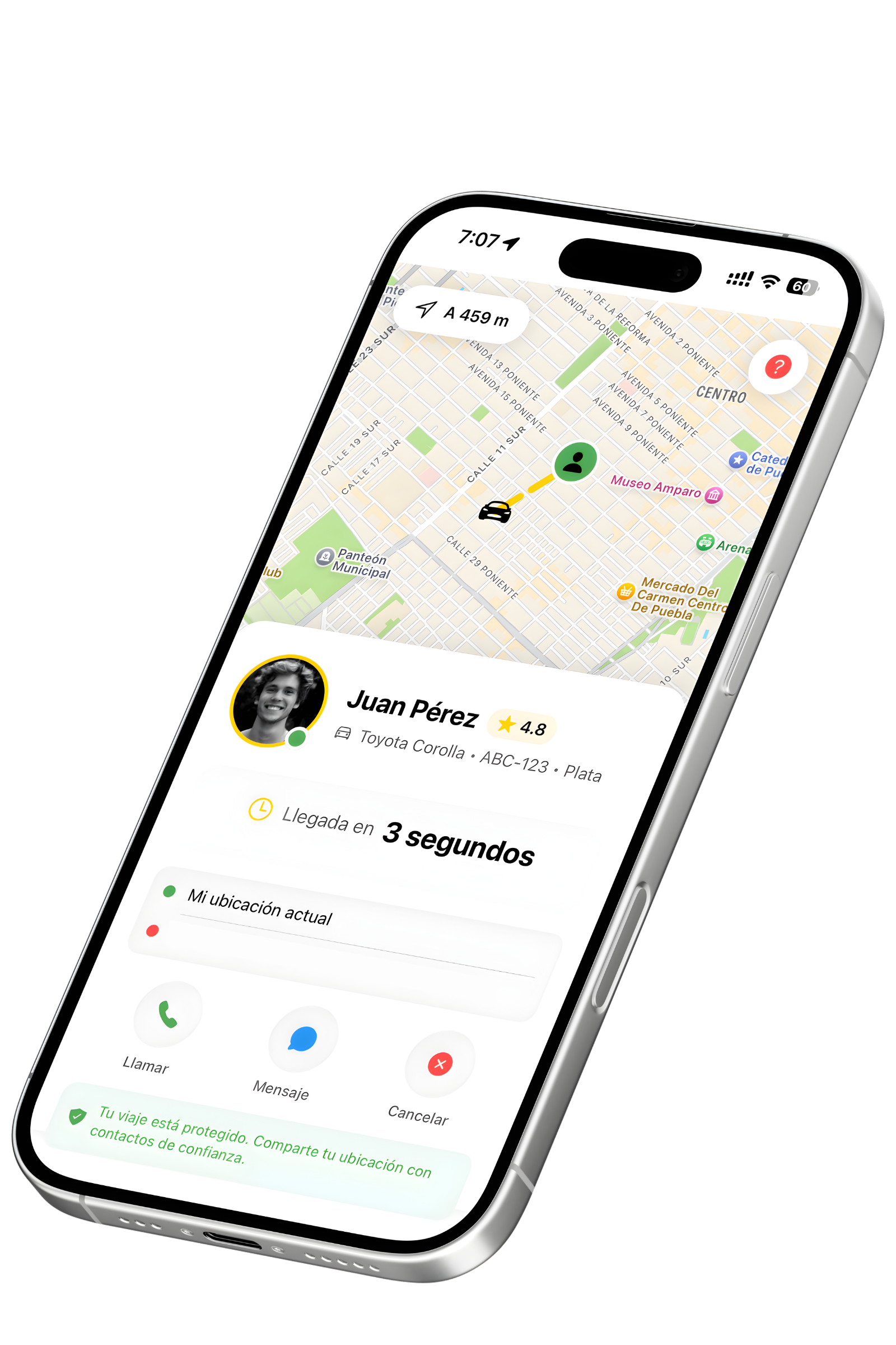 Mockup de la app Ride mostrando un viaje en curso